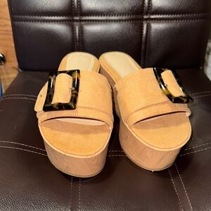 JustFab Tan Platform Sandals with Black Buckle. New